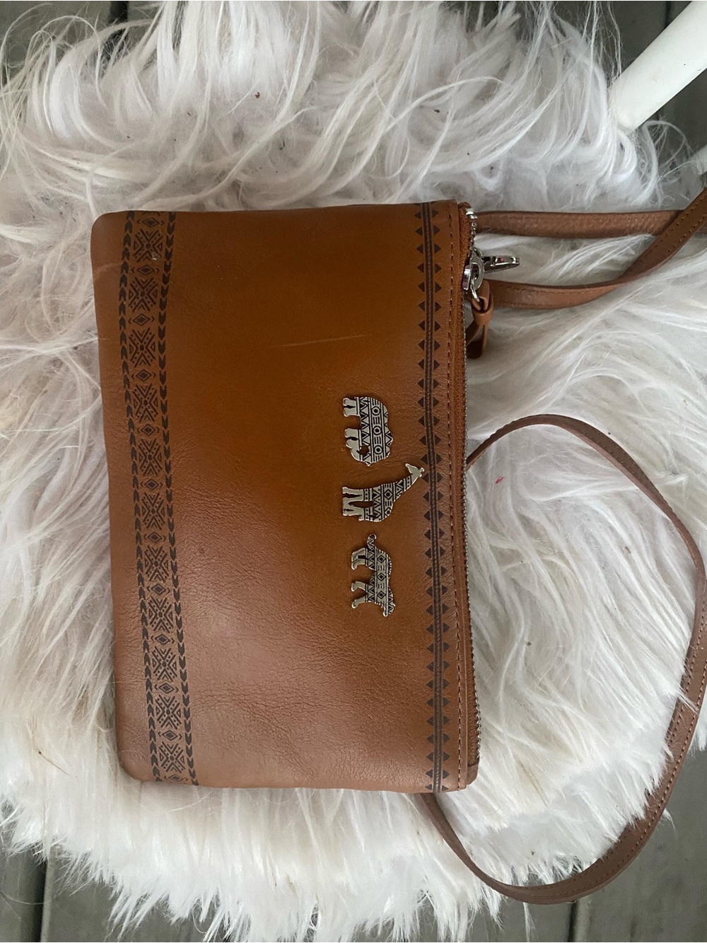 Brighton Tan Leather Crossbody with Elephant Charm Accents